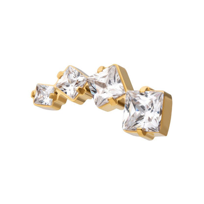 24Kt Gold PVD Titanium Internally Threaded Prong Set Princess Cut Gem Staggered 4-Cluster Top