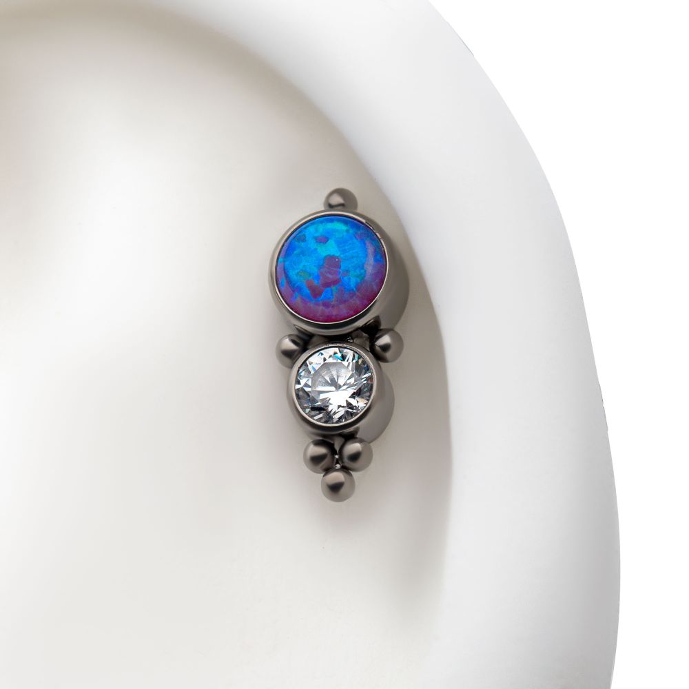 Titanium Internally Threaded 2-Bezel Set Synthetic Opal/AAA Gem/Swarovski Zirconia & Beads Cluster Top