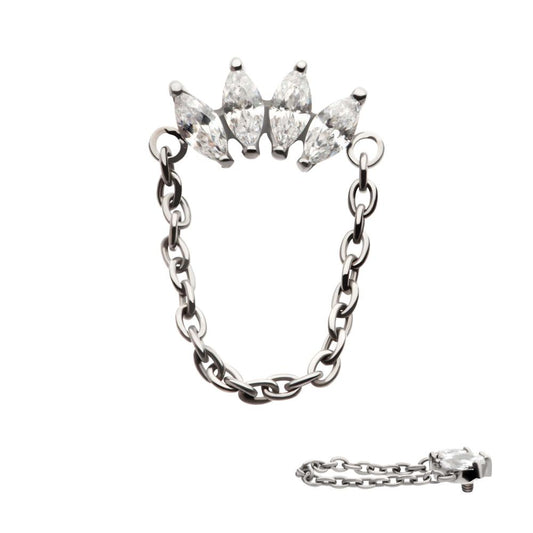 Titanium Internally Threaded 4-Cluster Marquise AAA CZ Top with Dangle Chain