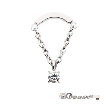 Titanium Internally Threaded Curved Bar Top with Dangle Chain & Prong Set Round AAA CZ