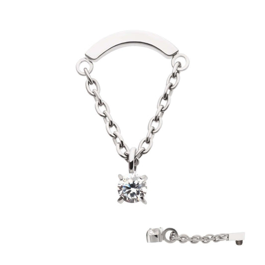Titanium Internally Threaded Curved Bar Top with Dangle Chain & Prong Set Round AAA CZ