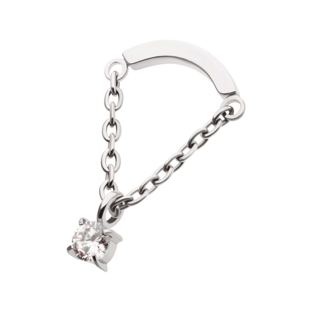 Titanium Internally Threaded Curved Bar Top with Dangle Chain & Prong Set Round AAA CZ