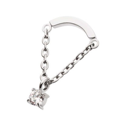 Titanium Internally Threaded Curved Bar Top with Dangle Chain & Prong Set Round AAA CZ