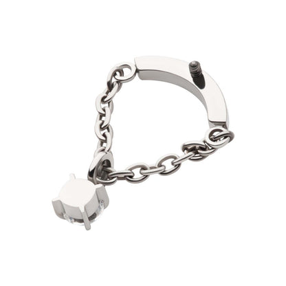 Titanium Internally Threaded Curved Bar Top with Dangle Chain & Prong Set Round AAA CZ