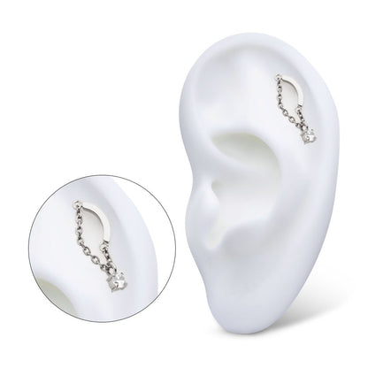 Titanium Internally Threaded Curved Bar Top with Dangle Chain & Prong Set Round AAA CZ