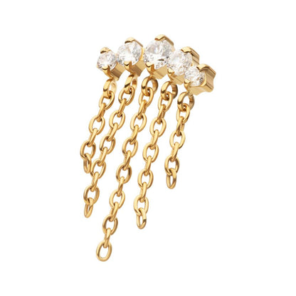 24Kt-Gold PVD Titanium Internally Threaded 5-Cluster Round AAA CZ Top with 5 Dangle Chains