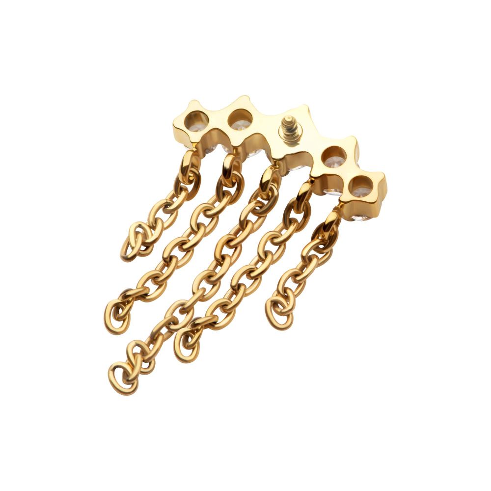 24Kt-Gold PVD Titanium Internally Threaded 5-Cluster Round AAA CZ Top with 5 Dangle Chains