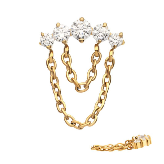 24Kt Gold PVD Titanium Internally Threaded 5-Cluster Round AAA CZ Top with 2 Tier Dangle Chain