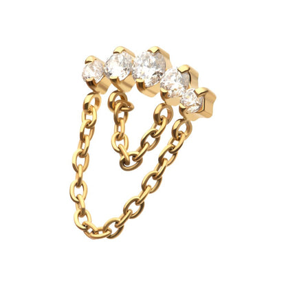 24Kt Gold PVD Titanium Internally Threaded 5-Cluster Round AAA CZ Top with 2 Tier Dangle Chain