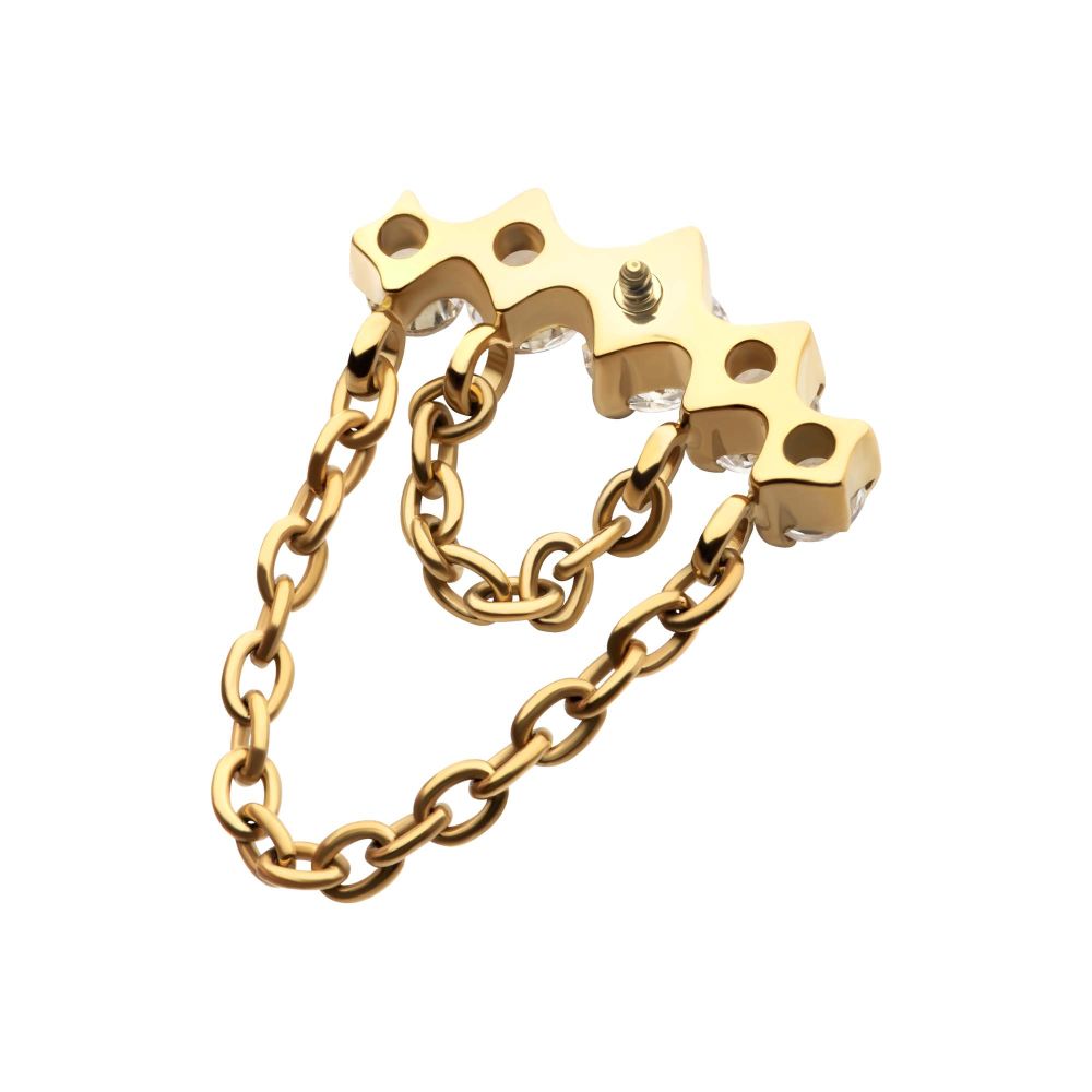 24Kt Gold PVD Titanium Internally Threaded 5-Cluster Round AAA CZ Top with 2 Tier Dangle Chain