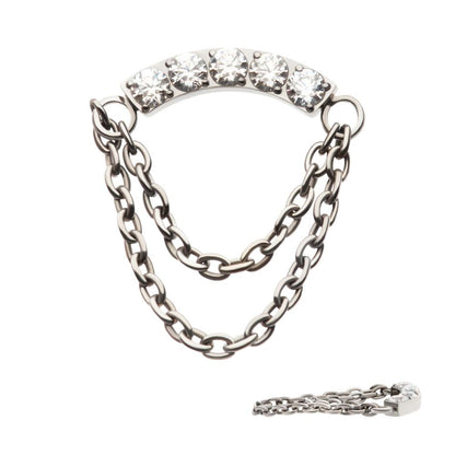 Titanium Internally Threaded 5-Cluster Round AAA CZ Curved Bar Top with 2 Tier Dangle Chain