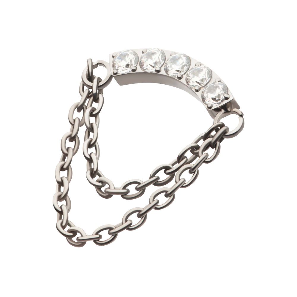 Titanium Internally Threaded 5-Cluster Round AAA CZ Curved Bar Top with 2 Tier Dangle Chain