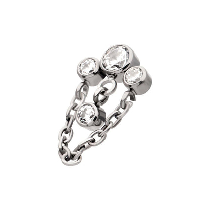 Titanium Internally Threaded 3-Curved Cluster Bezel Round CZ Top with Chain & Gem Dangles