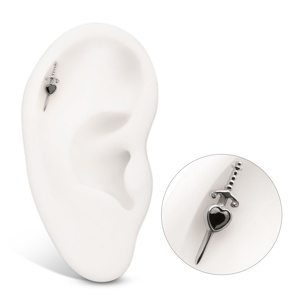 Titanium Internally Threaded Dagger with Bezel Set Black Heart Gem Top