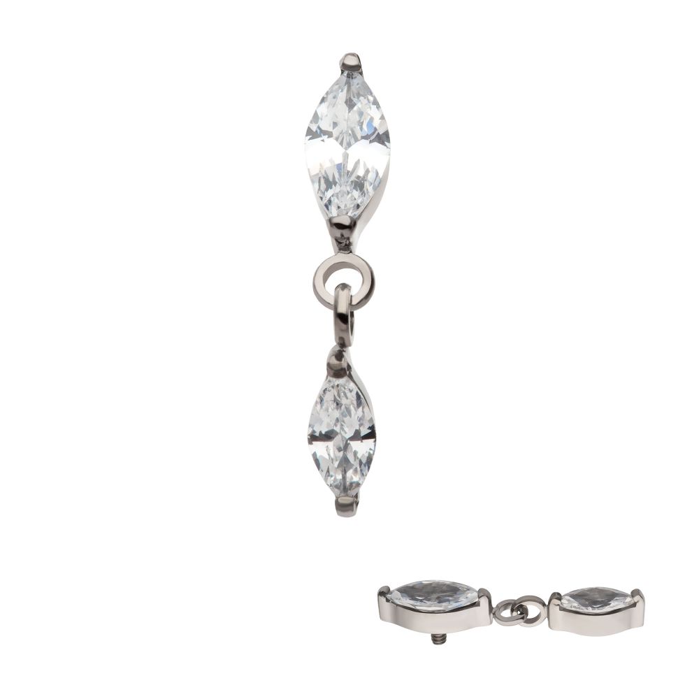 Titanium Internally Threaded Prong Set Marquise Double CZ Dangle Top