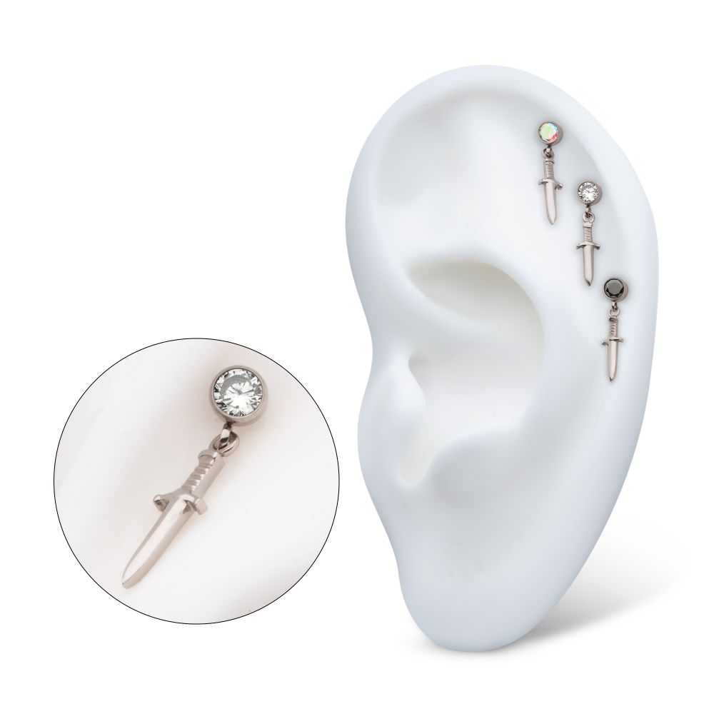 Titanium Internally Threaded Bezel Round CZ Dangle Dagger Top