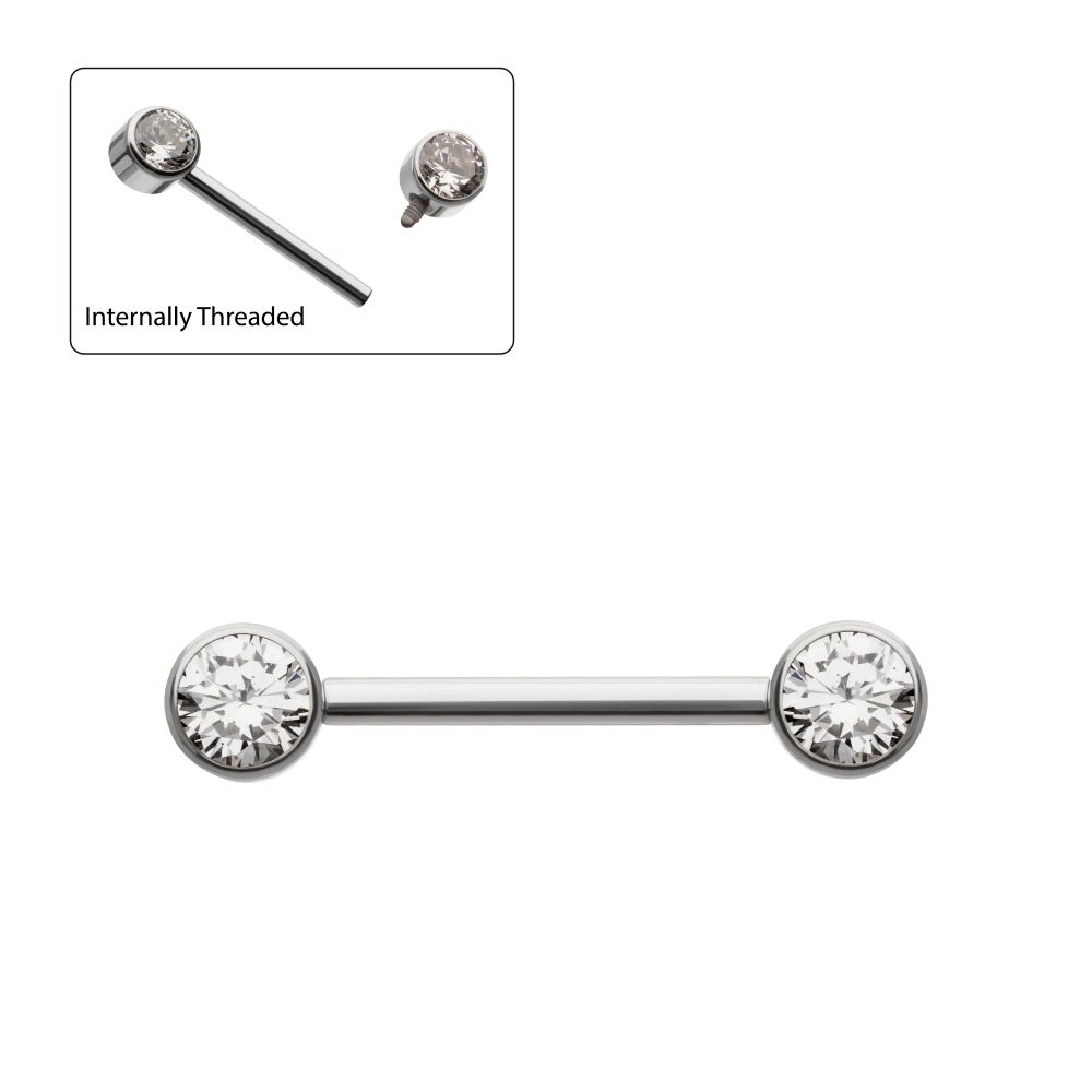 Titanium Internally Threaded Bezel Set Gem End Nipple Barbell (One Side Fixed, One Side Internally Threaded ) | Sold by piece