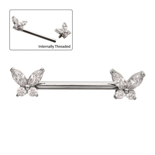 Titanium Internally Threaded Prong Set Butterfly CZ Gem End Nipple Barbell (One Side Fixed, One Side Internally Threaded) | Sold by piece