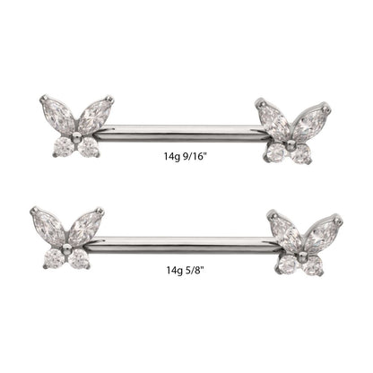 Titanium Internally Threaded Prong Set Butterfly CZ Gem End Nipple Barbell (One Side Fixed, One Side Internally Threaded) | Sold by piece