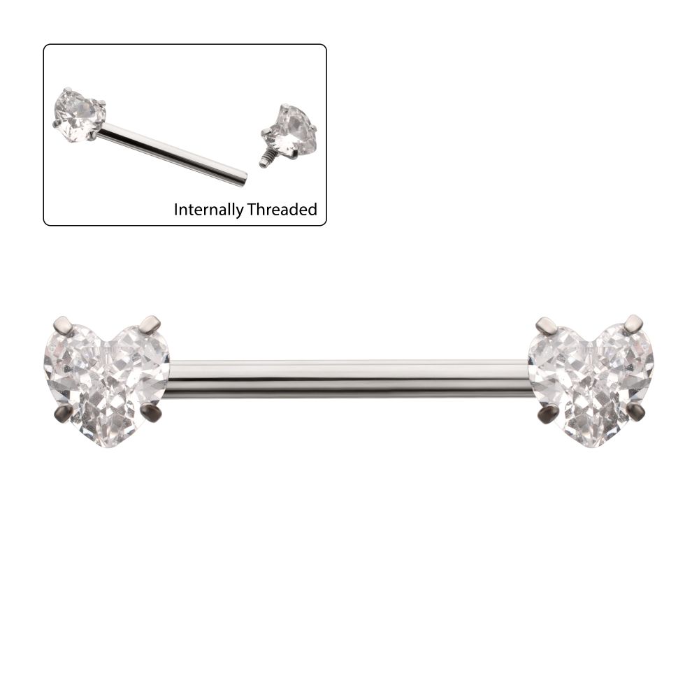 Titanium Internally Threaded Prong Set Heart CZ Gem End Nipple Barbell (One Side Fixed, One Side Internally Threaded) | Sold by piece