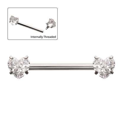 Titanium Internally Threaded Prong Set Heart CZ Gem End Nipple Barbell (One Side Fixed, One Side Internally Threaded) | Sold by piece