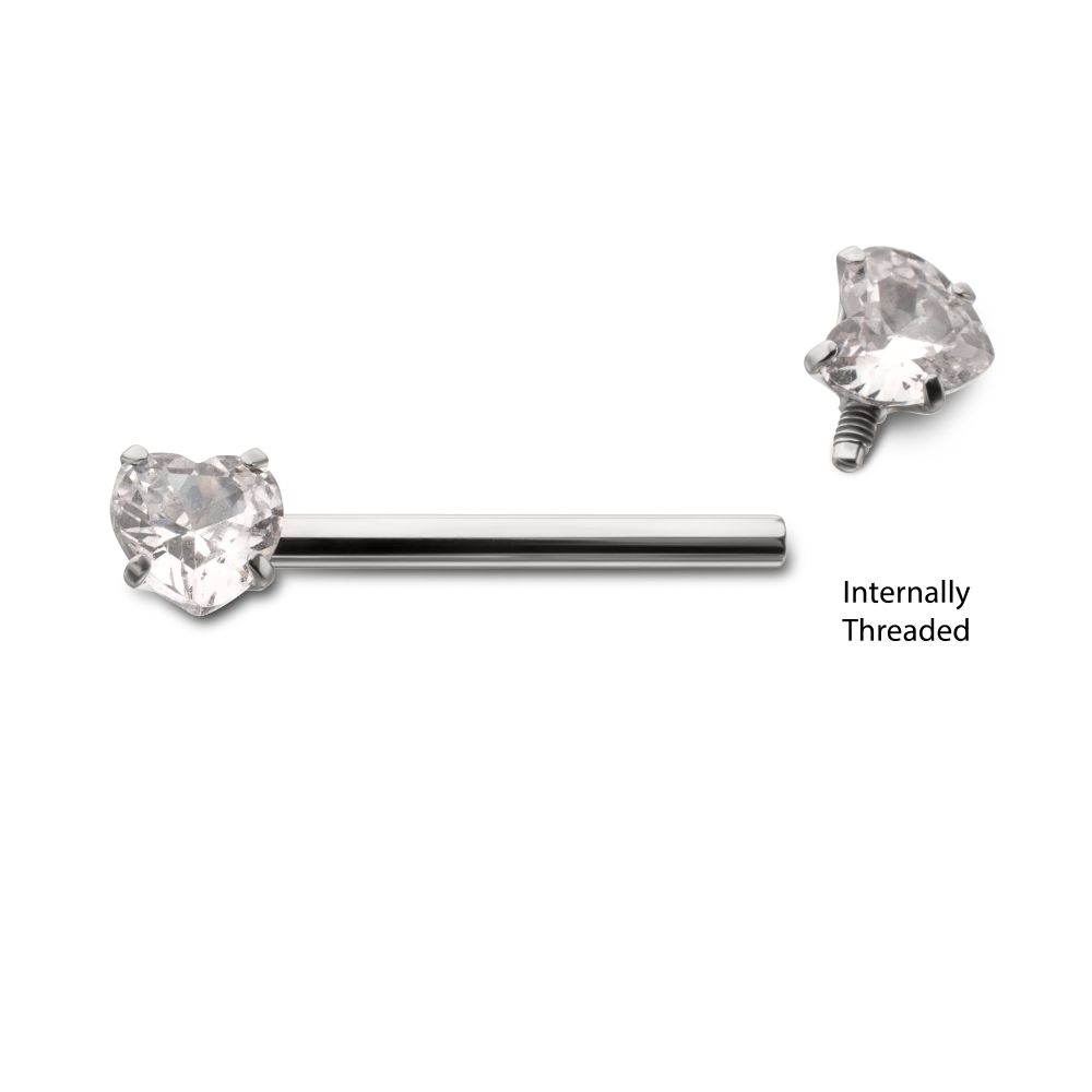 Titanium Internally Threaded Prong Set Heart CZ Gem End Nipple Barbell (One Side Fixed, One Side Internally Threaded) | Sold by piece