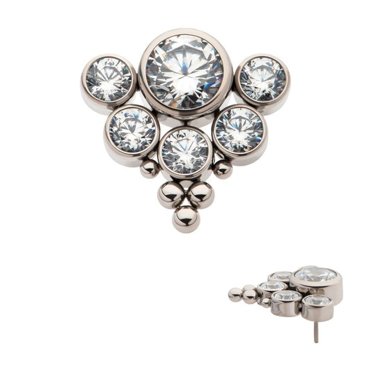 Titanium Threadless Tri-bead end with 5mm & 3mm Bezel Set AAA Clear CZ Cluster Top