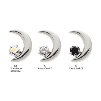 Titanium Threadless Crescent Moon with Prong Set CZ Top