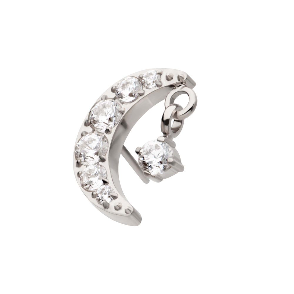 Titanium Threadless Crescent Moon CZ Top with Dangle Pronged Round CZ