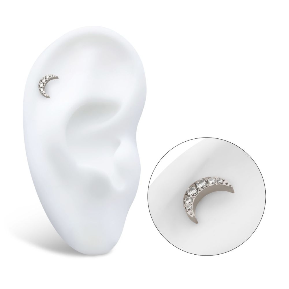 Titanium Threadless with Pave Set CZ Crescent Moon Top