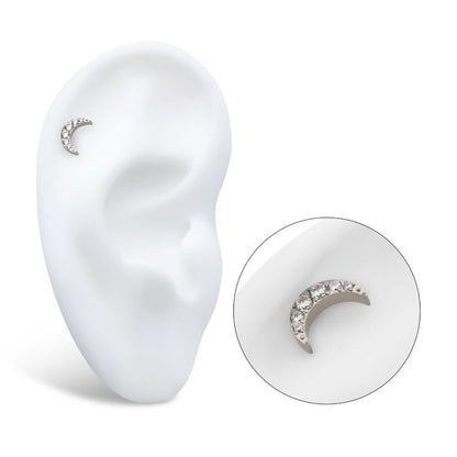 Titanium Threadless with Pave Set CZ Crescent Moon Top