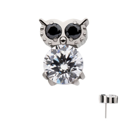 Titanium Threadless Prong Set Round Black & Clear CZ Owl Top