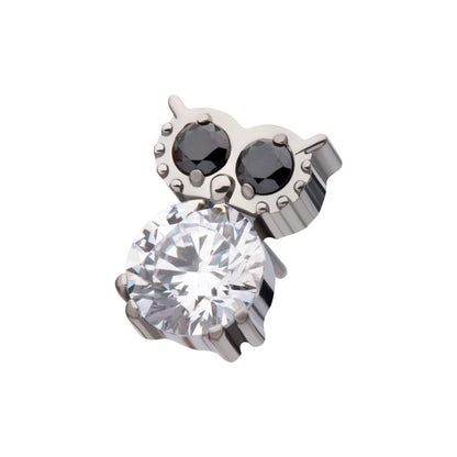 Titanium Threadless Prong Set Round Black & Clear CZ Owl Top