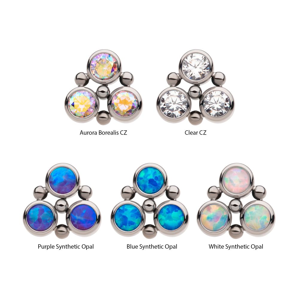 Titanium Threadless 4-Bead Bezel Round CZ/Opal 3-Cluster Top