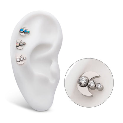 Titanium Threadless 3-Cluster Bezel Set Gem/Opal Crescent Moon Top