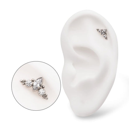 Titanium Threadless Beaded Bezel Set Marquise & Round Gem 3-Cluster Top