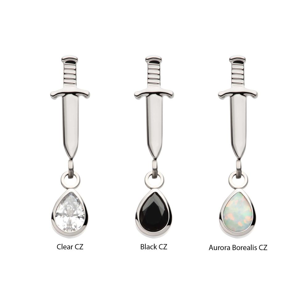 Titanium Threadless Dangle Bezel Teardrop Gem Dagger Top