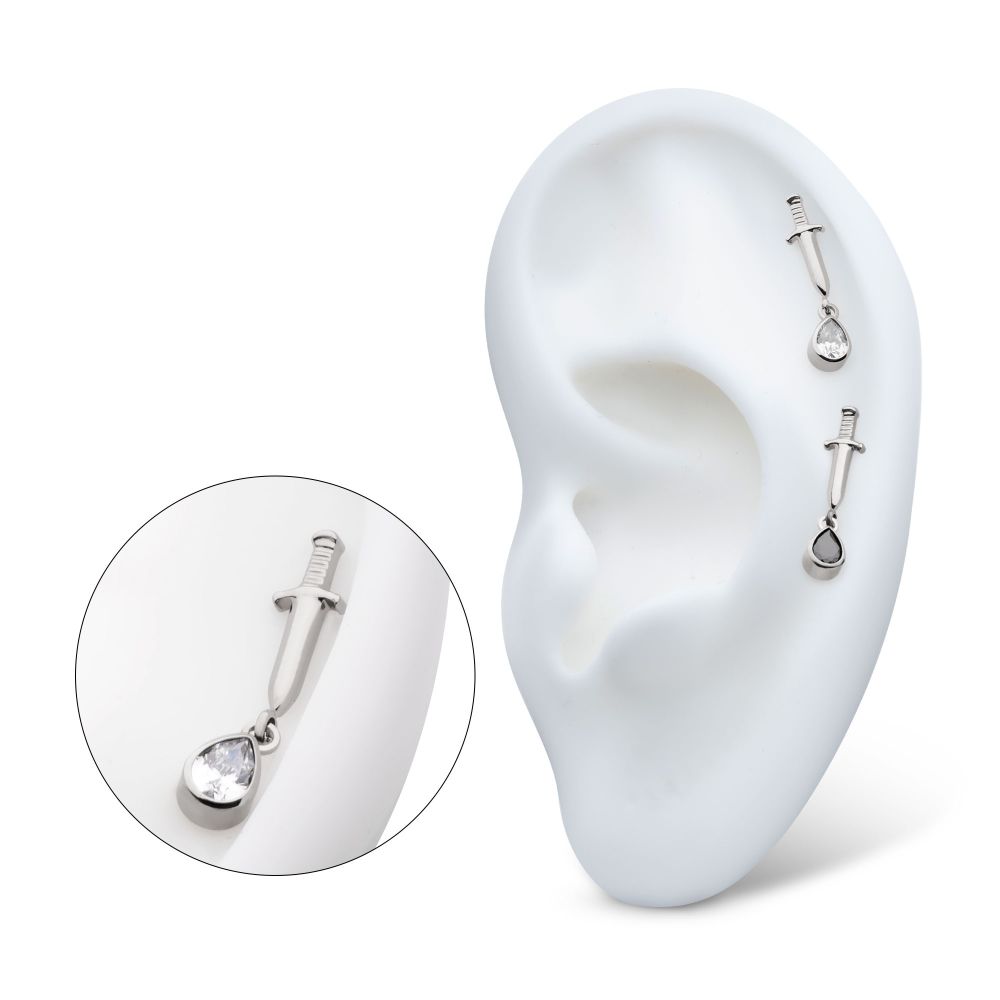 Titanium Threadless Dangle Bezel Teardrop Gem Dagger Top