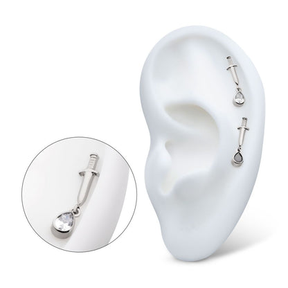 Titanium Threadless Dangle Bezel Teardrop Gem Dagger Top