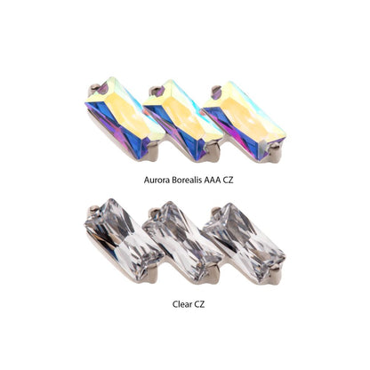 Titanium Threadless Prong Set Baguette CZ Diagonal 3-Cluster Top