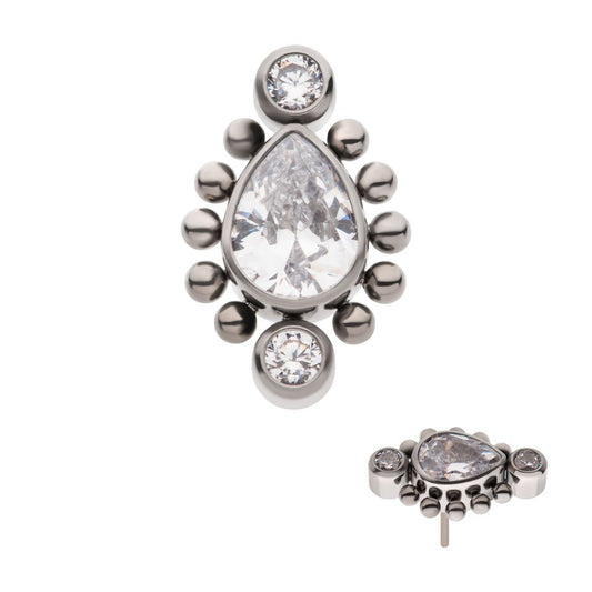Titanium Threadless with Bezel Set Round CZ & Beads Around Teardrop CZ Top
