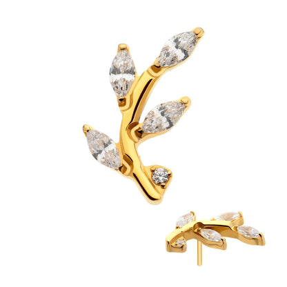 24Kt-Gold PVD Threadless Prong Set Marquise CZ Leaf Top