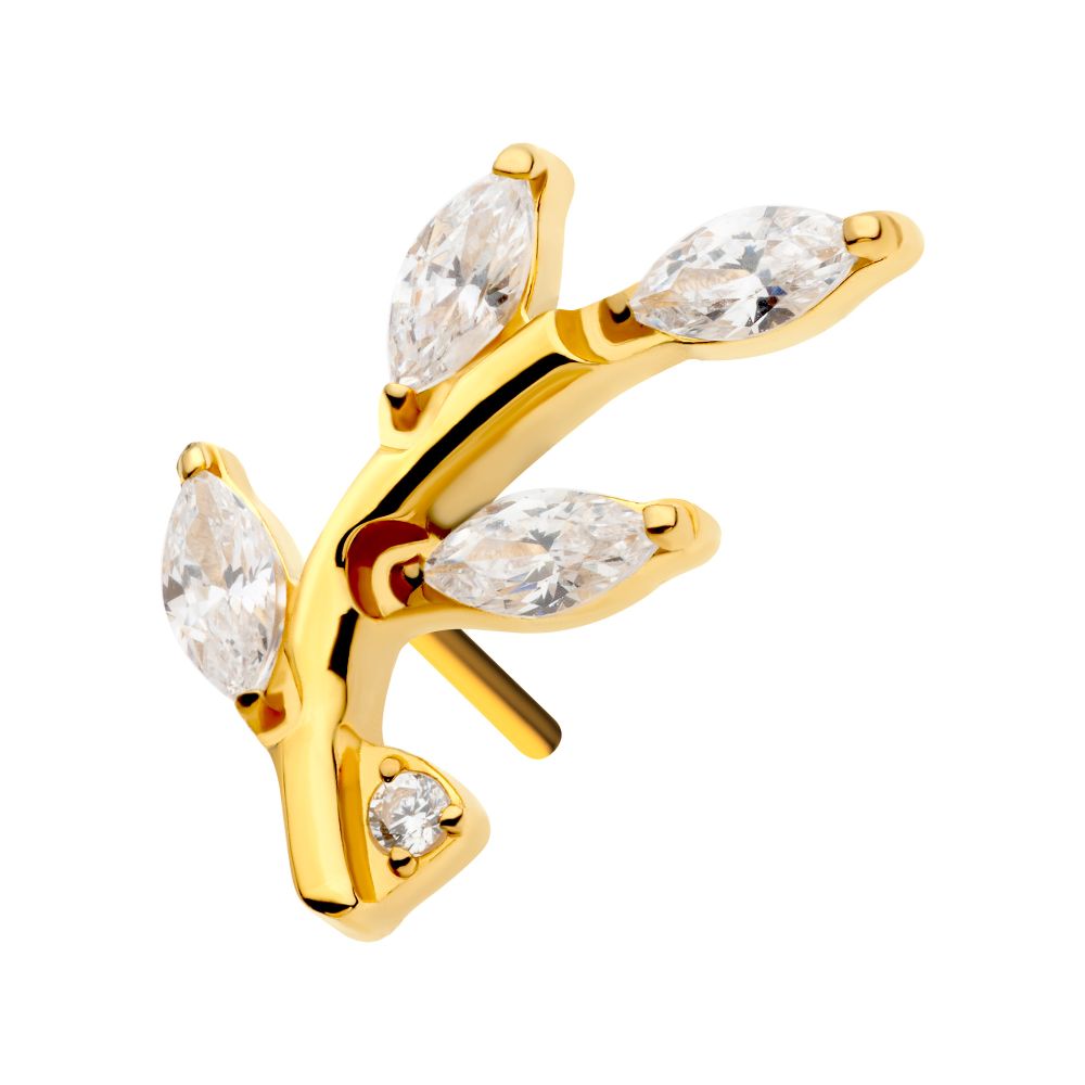 24Kt-Gold PVD Threadless Prong Set Marquise CZ Leaf Top