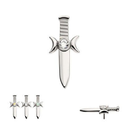 Titanium Threadless with Bezel Set 2mm CZ/Opal Triple Moon Phase Dagger Top