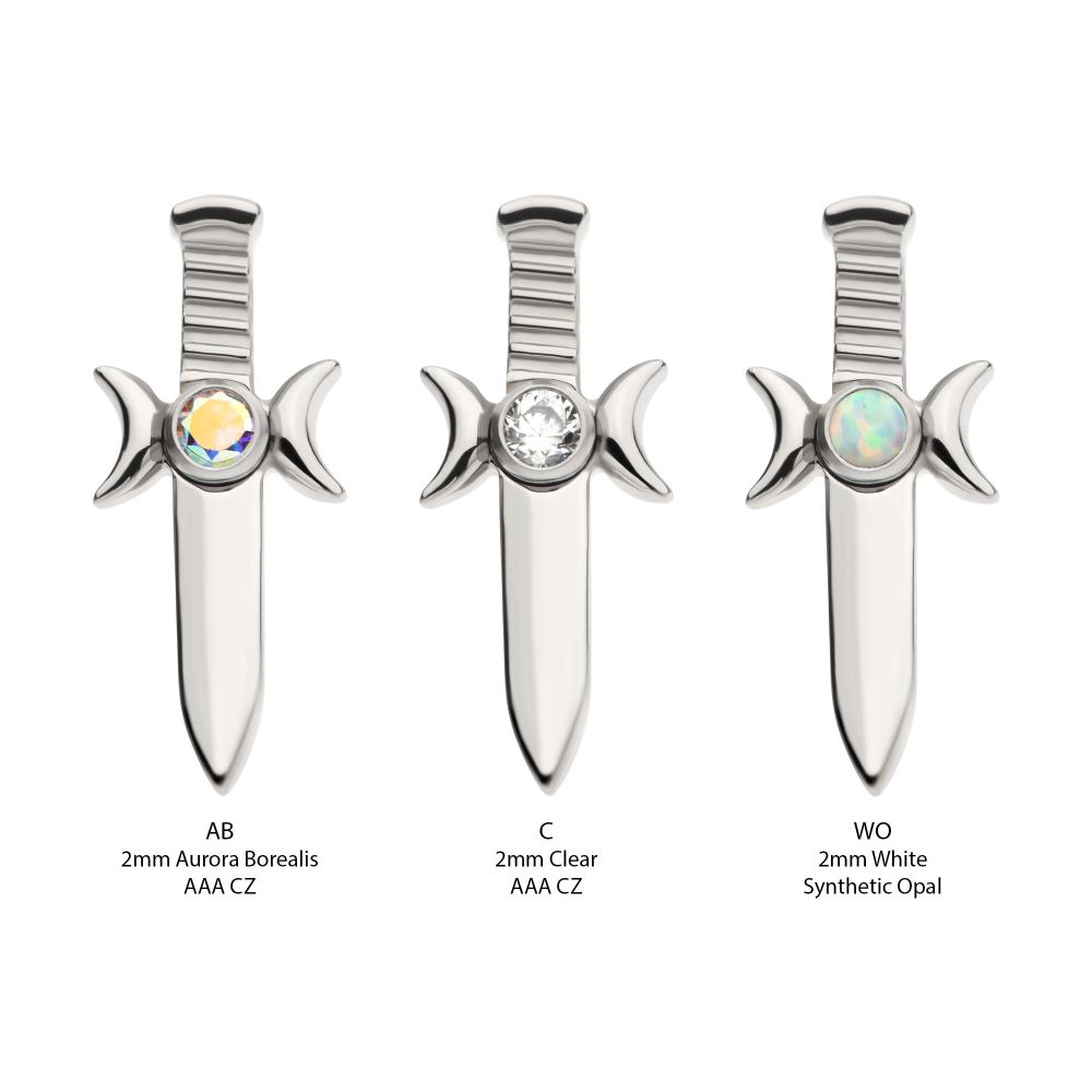 Titanium Threadless with Bezel Set 2mm CZ/Opal Triple Moon Phase Dagger Top