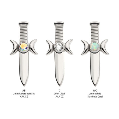 Titanium Threadless with Bezel Set 2mm CZ/Opal Triple Moon Phase Dagger Top
