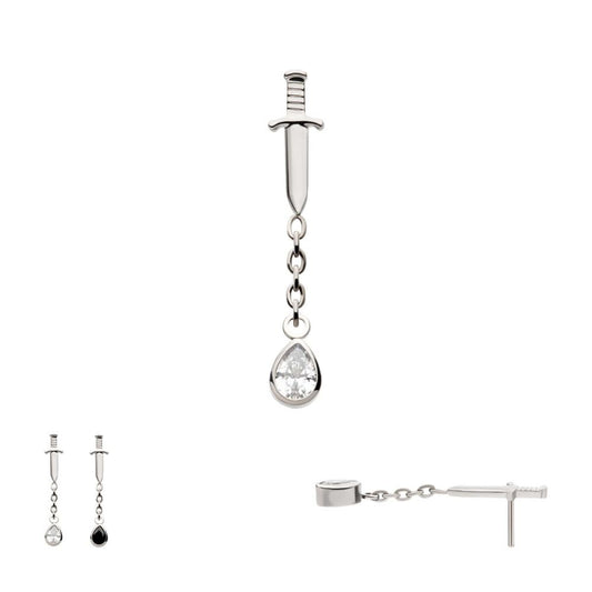 Titanium Threadless Dangle Chain Bezel Teardrop CZ Dagger Top