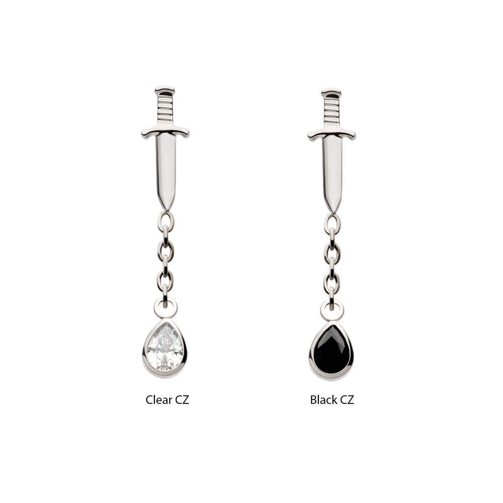 Titanium Threadless Dangle Chain Bezel Teardrop CZ Dagger Top