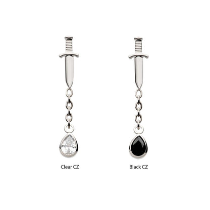 Titanium Threadless Dangle Chain Bezel Teardrop CZ Dagger Top