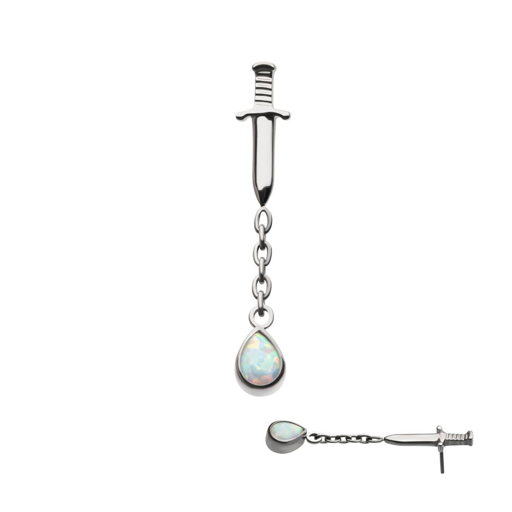 Titanium Threadless Dagger Top with Bezel Set Teardrop Opal Chain Dangle